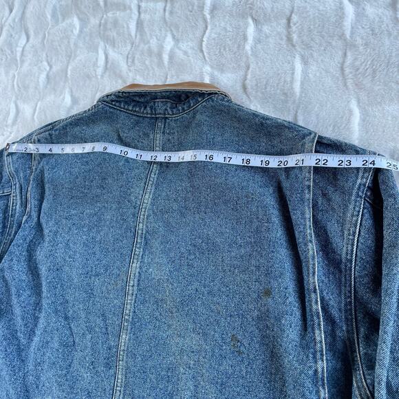 š„VTG Australian Outback Denim Jacket Barn Chores Cargo Pockets Leather Trim XL - Picture 14 of 16
